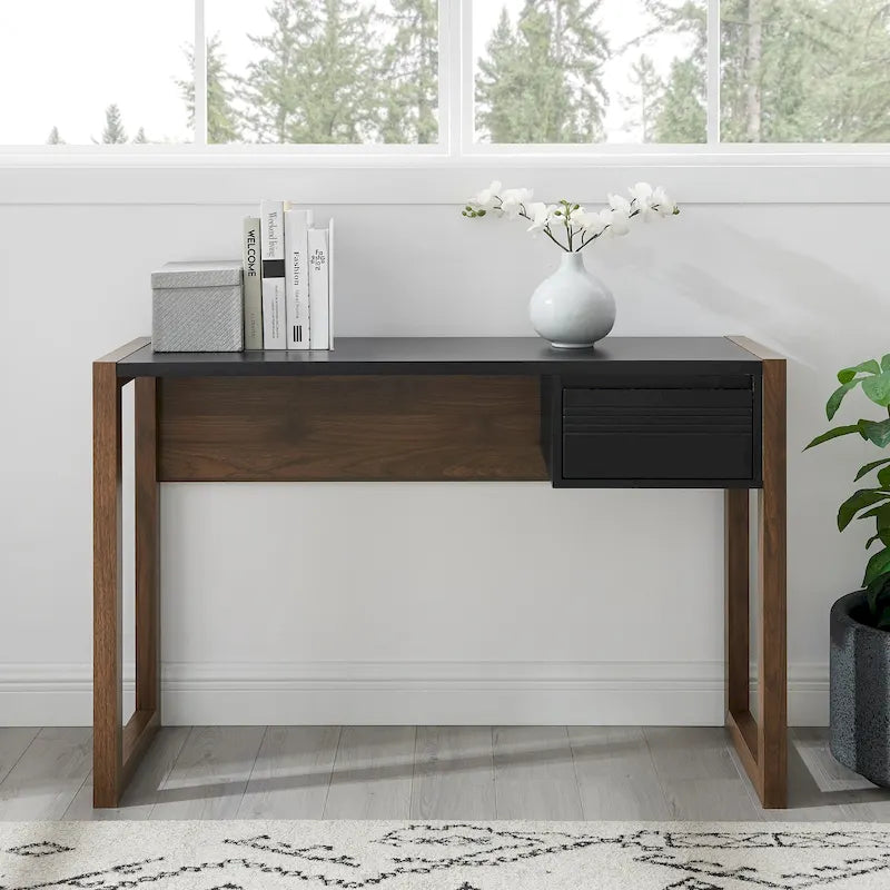 Bureau bicolore de 117 cm, un tiroir de rangement, pieds traîneau, MDF résistant à la déformation, bureau à domicile ou coiffeuse de chambre