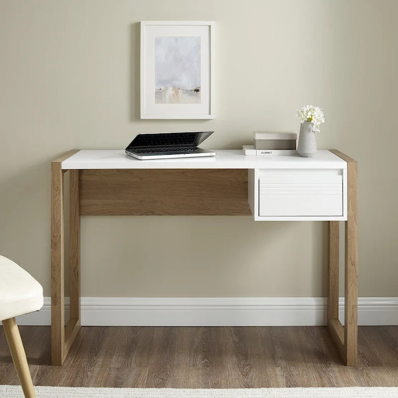 Bureau bicolore de 117 cm, un tiroir de rangement, pieds traîneau, MDF résistant à la déformation, bureau à domicile ou coiffeuse de chambre