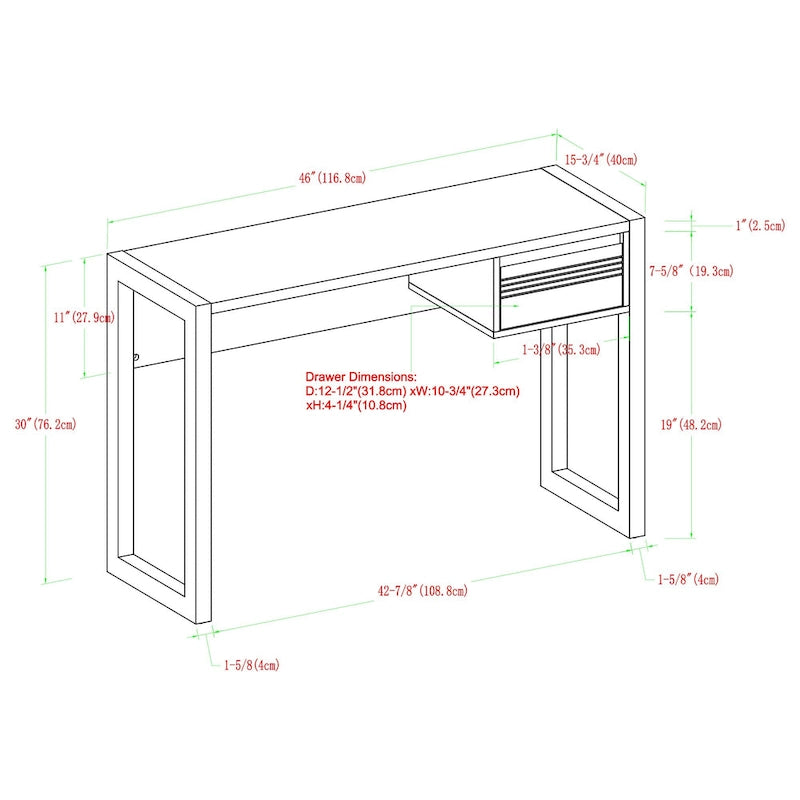 Bureau bicolore de 117 cm, un tiroir de rangement, pieds traîneau, MDF résistant à la déformation, bureau à domicile ou coiffeuse de chambre