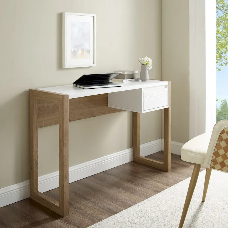 Bureau bicolore de 117 cm, un tiroir de rangement, pieds traîneau, MDF résistant à la déformation, bureau à domicile ou coiffeuse de chambre