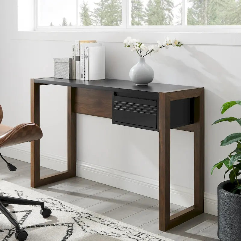 Bureau bicolore de 117 cm, un tiroir de rangement, pieds traîneau, MDF résistant à la déformation, bureau à domicile ou coiffeuse de chambre