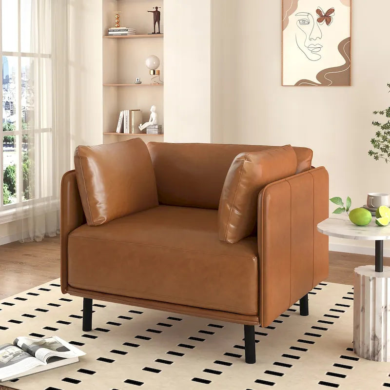 Fauteuil en similicuir, assise et dossier rembourrés, pieds en bois massif, touche décorative pour le salon