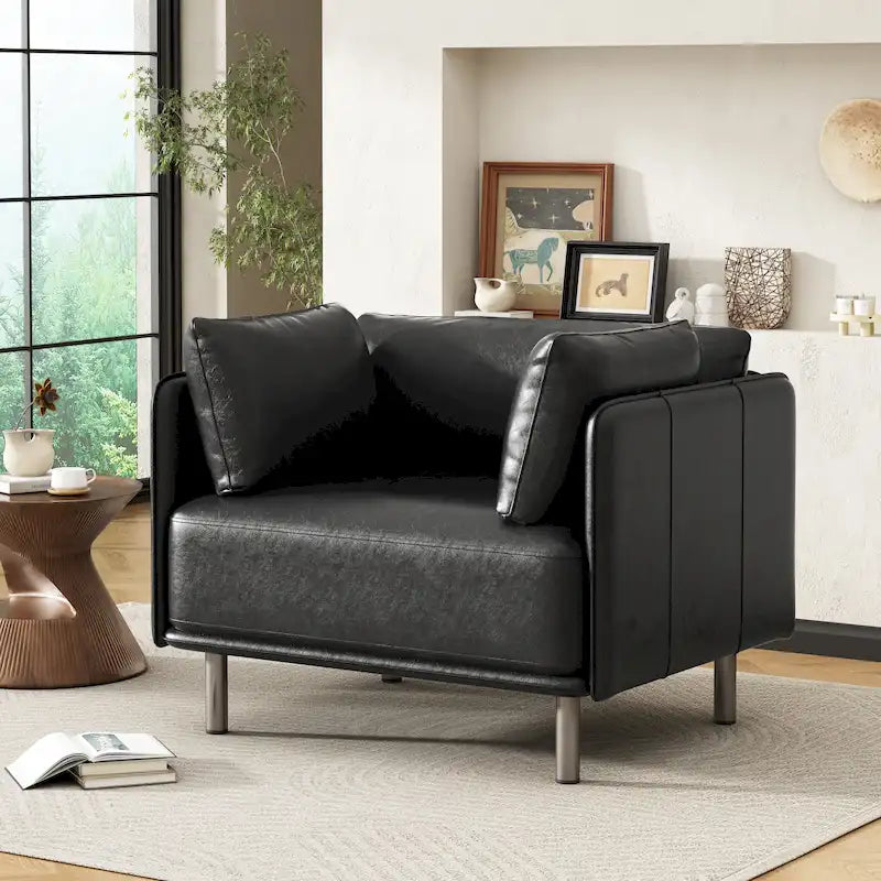 Fauteuil en similicuir, assise et dossier rembourrés, pieds en bois massif, touche décorative pour le salon