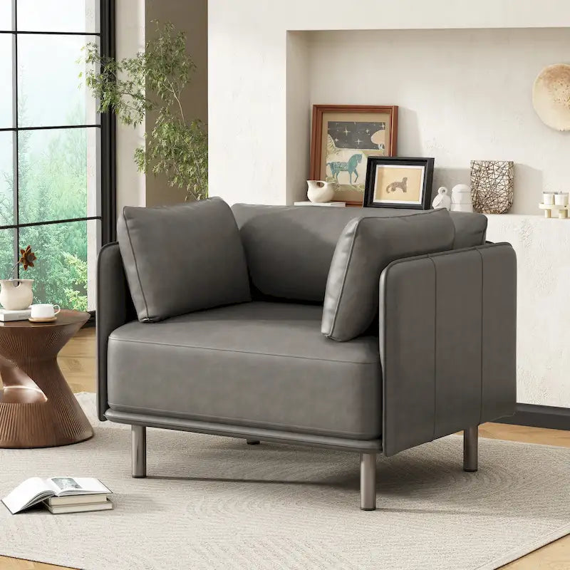 Fauteuil en similicuir, assise et dossier rembourrés, pieds en bois massif, touche décorative pour le salon