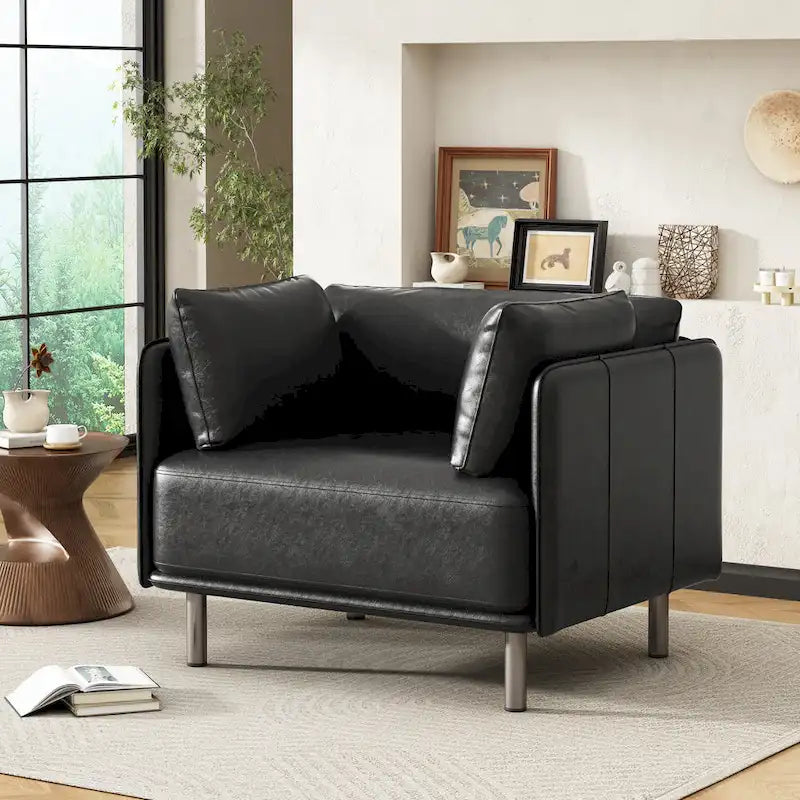 Fauteuil en similicuir, assise et dossier rembourrés, pieds en bois massif, touche décorative pour le salon