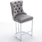 Lot de 2 tabourets de bar modernes 25 avec dossier capitonné, garniture cloutée, pieds en métal chromé, pour salle à manger, salon et chambre