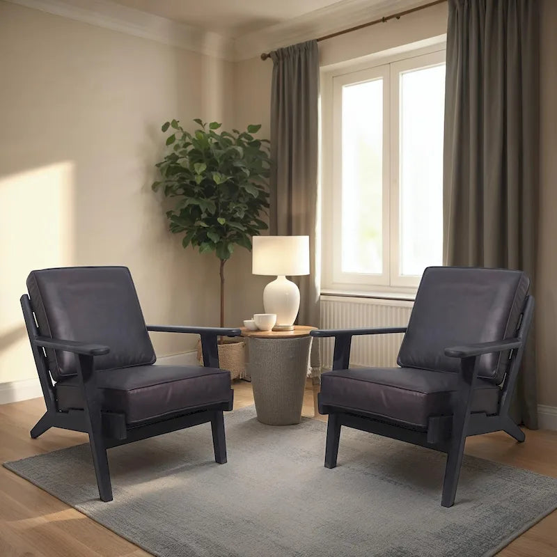 Fauteuil d'appoint, bois de manguier massif artisanal, cuir de buffle pleine fleur, mousse haute densité, milieu du siècle moderne