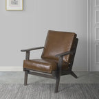 Fauteuil d'appoint, bois de manguier massif artisanal, cuir de buffle pleine fleur, mousse haute densité, milieu du siècle moderne