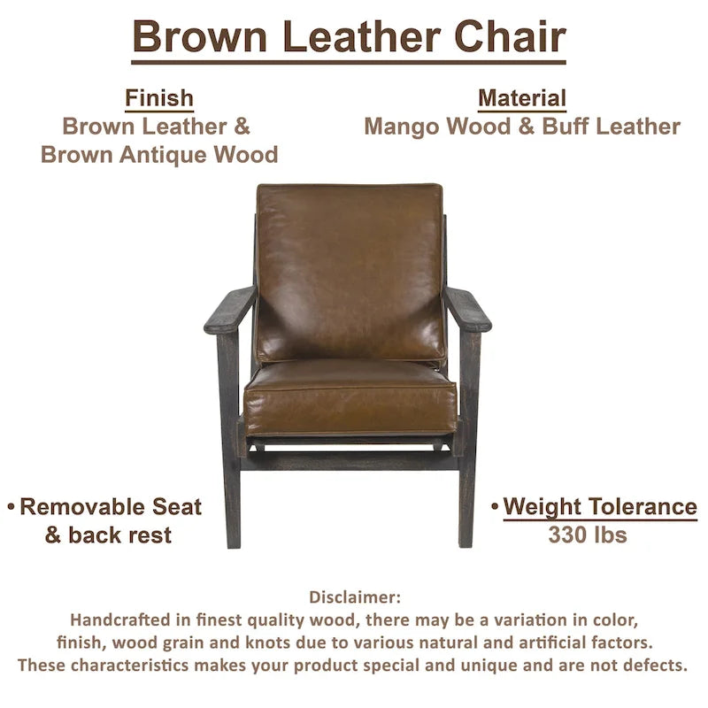 Fauteuil d'appoint, bois de manguier massif artisanal, cuir de buffle pleine fleur, mousse haute densité, milieu du siècle moderne
