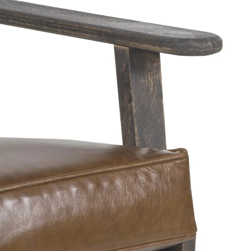 Fauteuil d'appoint, bois de manguier massif artisanal, cuir de buffle pleine fleur, mousse haute densité, milieu du siècle moderne