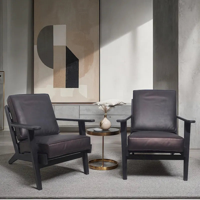 Fauteuil d'appoint, bois de manguier massif artisanal, cuir de buffle pleine fleur, mousse haute densité, milieu du siècle moderne
