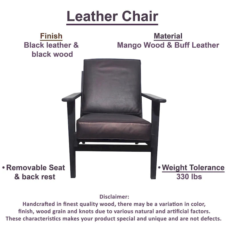 Fauteuil d'appoint, bois de manguier massif artisanal, cuir de buffle pleine fleur, mousse haute densité, milieu du siècle moderne