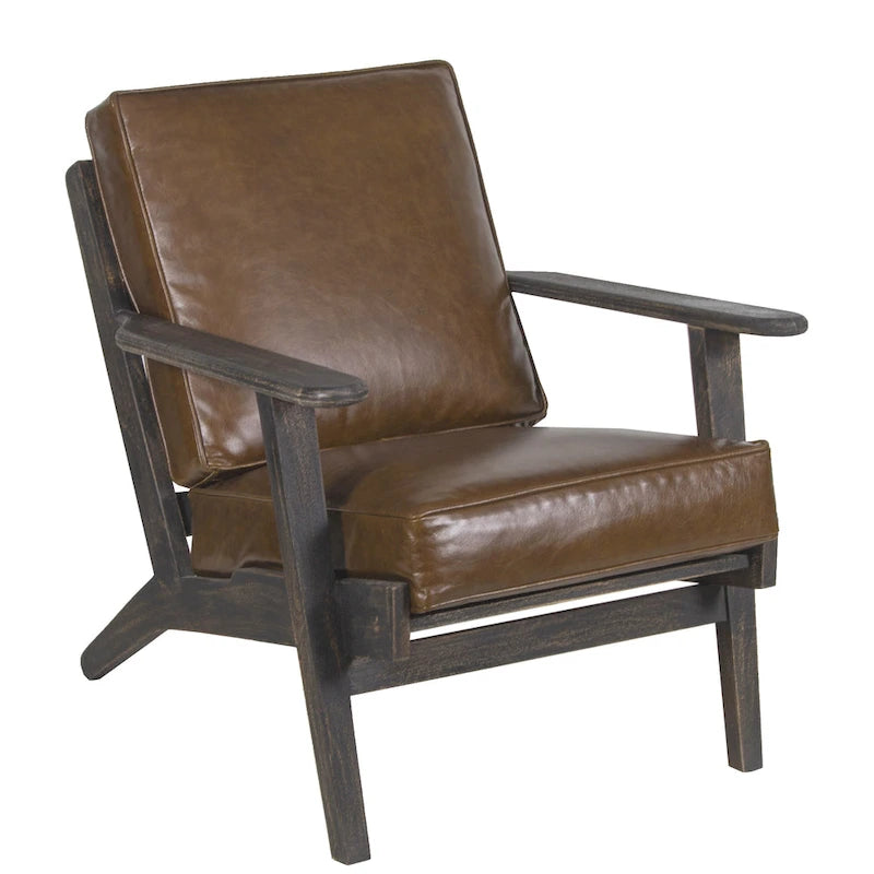 Fauteuil d'appoint, bois de manguier massif artisanal, cuir de buffle pleine fleur, mousse haute densité, milieu du siècle moderne
