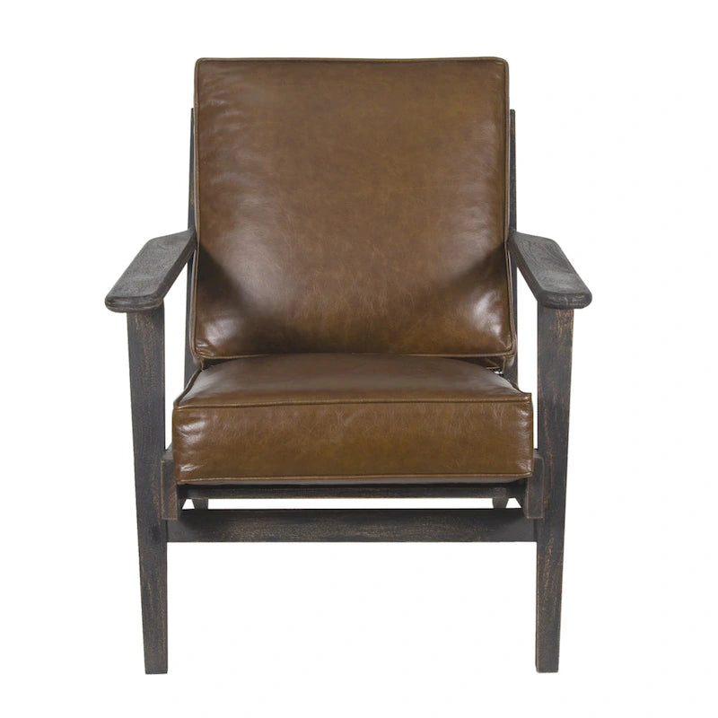 Fauteuil d'appoint, bois de manguier massif artisanal, cuir de buffle pleine fleur, mousse haute densité, milieu du siècle moderne