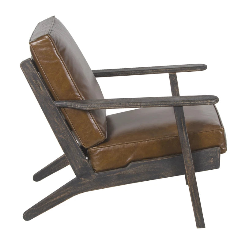 Fauteuil d'appoint, bois de manguier massif artisanal, cuir de buffle pleine fleur, mousse haute densité, milieu du siècle moderne