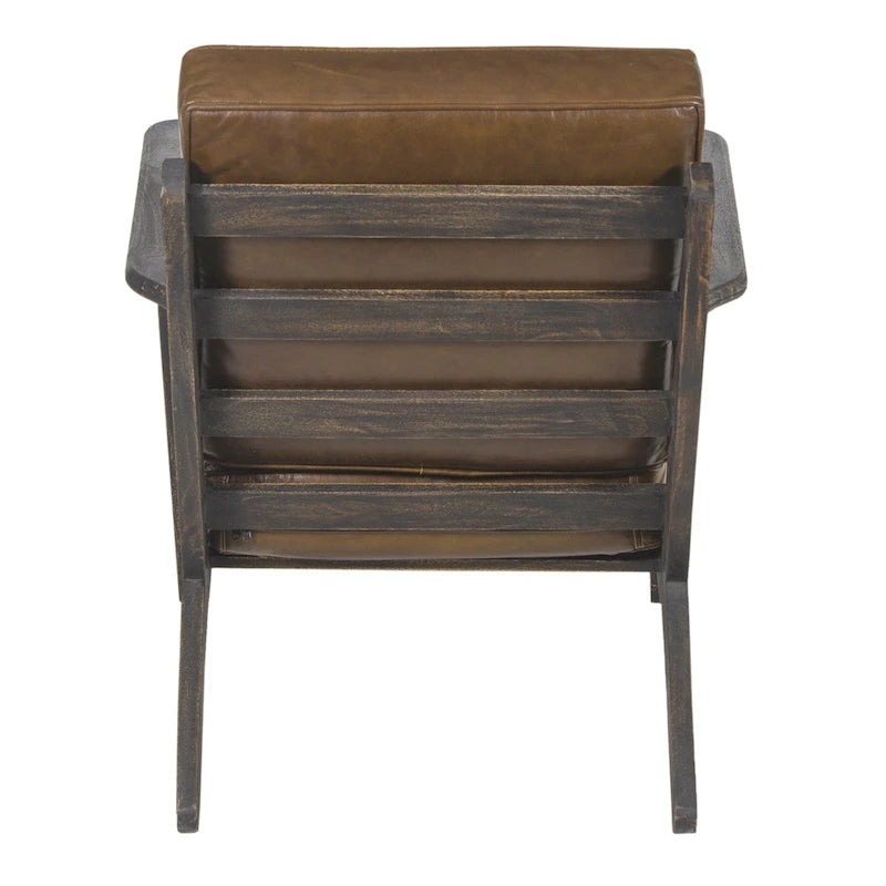 Fauteuil d'appoint, bois de manguier massif artisanal, cuir de buffle pleine fleur, mousse haute densité, milieu du siècle moderne