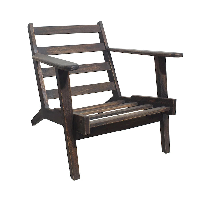 Fauteuil d'appoint, bois de manguier massif artisanal, cuir de buffle pleine fleur, mousse haute densité, milieu du siècle moderne
