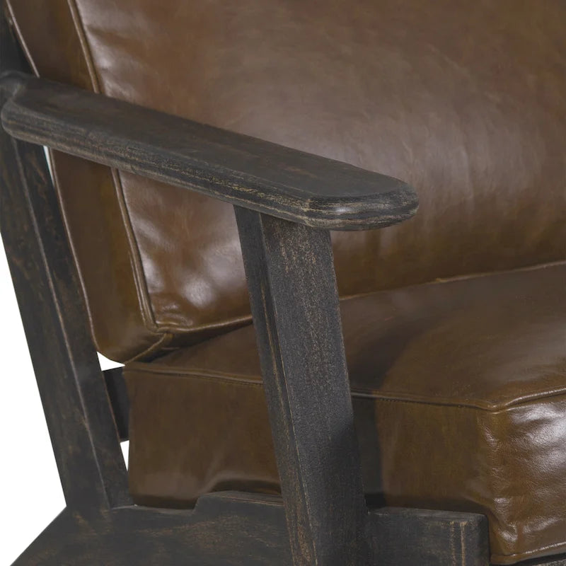 Fauteuil d'appoint, bois de manguier massif artisanal, cuir de buffle pleine fleur, mousse haute densité, milieu du siècle moderne
