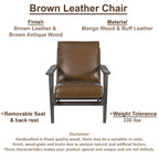 Fauteuil d'appoint, bois de manguier massif artisanal, cuir de buffle pleine fleur, mousse haute densité, milieu du siècle moderne