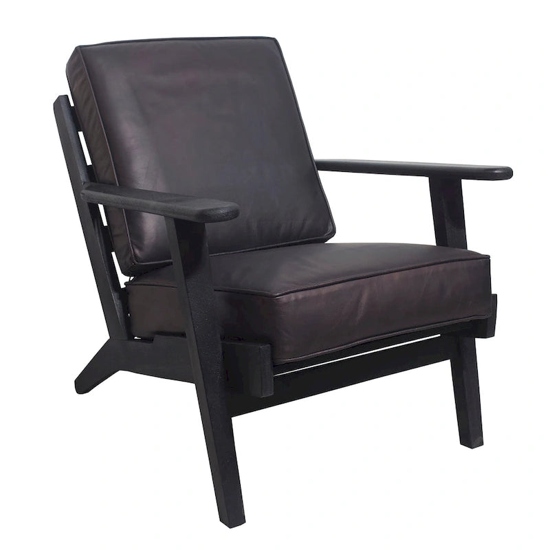 Fauteuil d'appoint, bois de manguier massif artisanal, cuir de buffle pleine fleur, mousse haute densité, milieu du siècle moderne