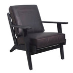 Fauteuil d'appoint, bois de manguier massif artisanal, cuir de buffle pleine fleur, mousse haute densité, milieu du siècle moderne