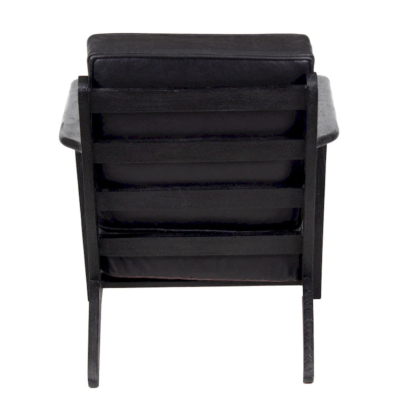 Fauteuil d'appoint, bois de manguier massif artisanal, cuir de buffle pleine fleur, mousse haute densité, milieu du siècle moderne