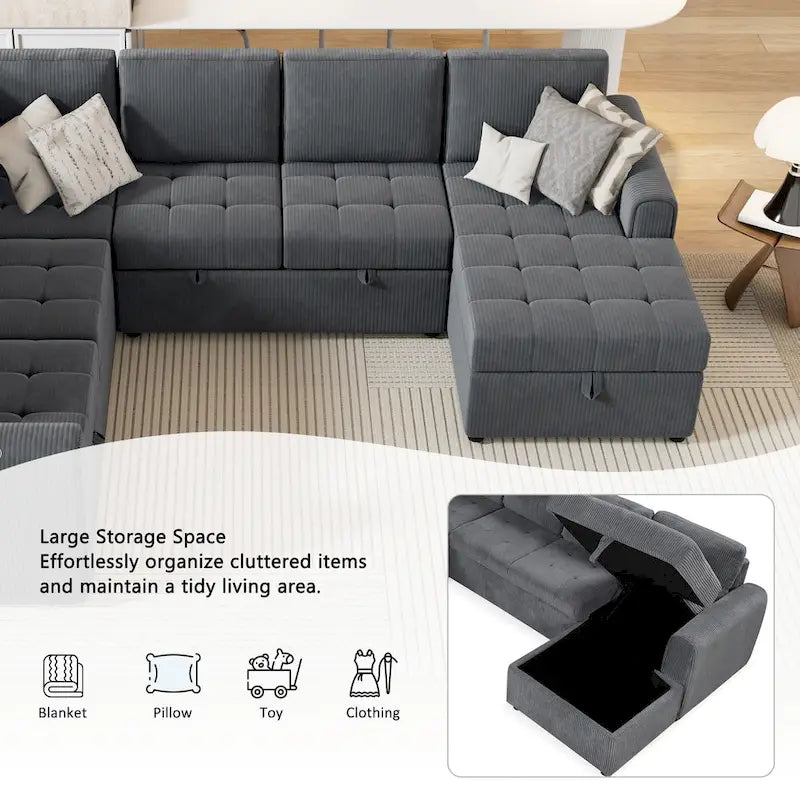 Canapé-lit d'angle en U, méridienne de rangement, ports USB intégrés, canapé-lit de salon