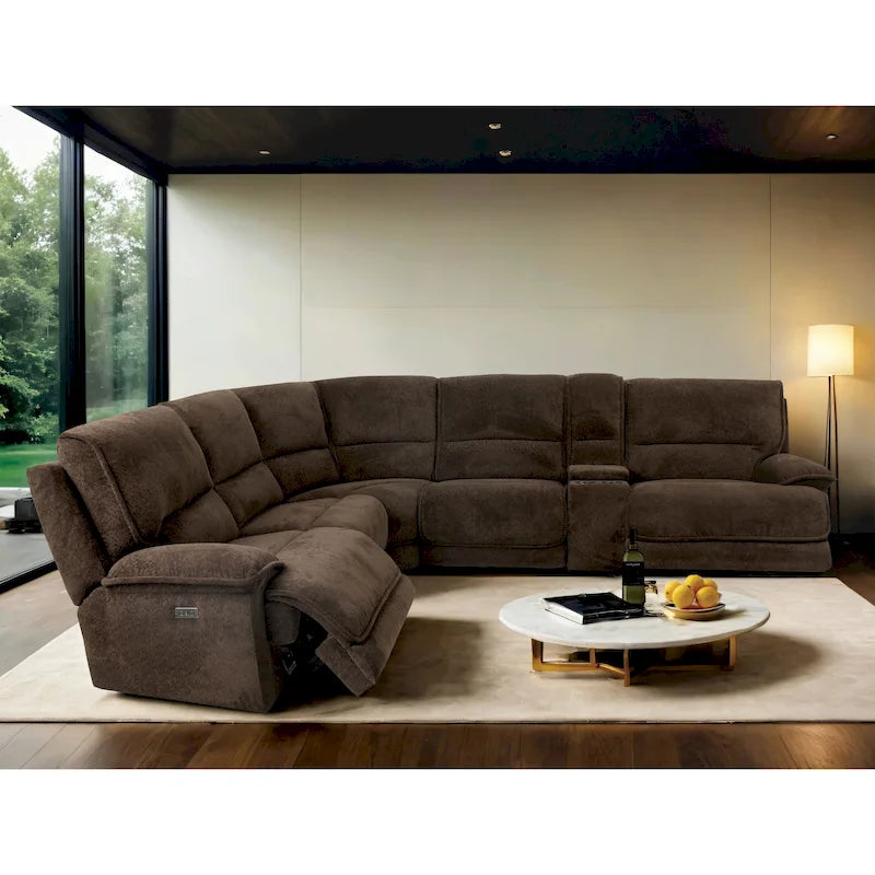 Canapé d'angle inclinable avec console et ports USB, marron foncé, salon moderne