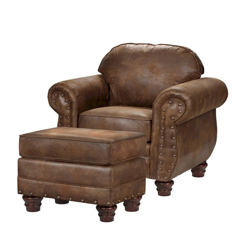 Fauteuil rembourré avec pouf assorti, style western rustique, ensemble d'appoint pour salon