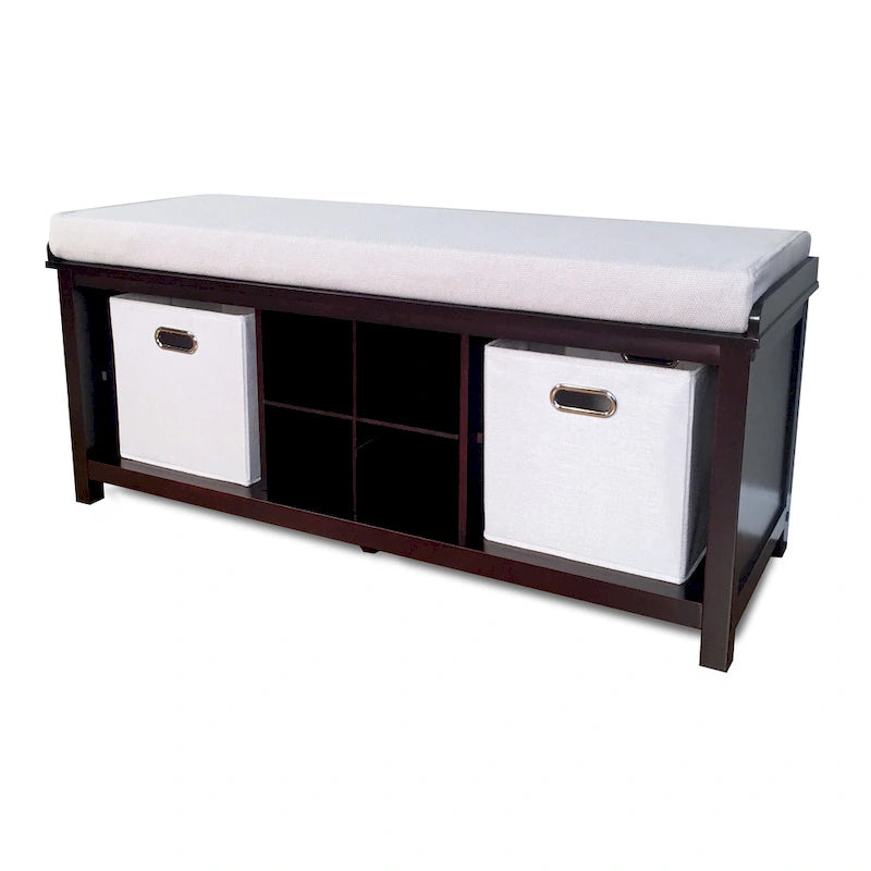 Banc d'entrée avec 4 compartiments à chaussures, Bois massif, Finition expresso, Rangement pour couloir