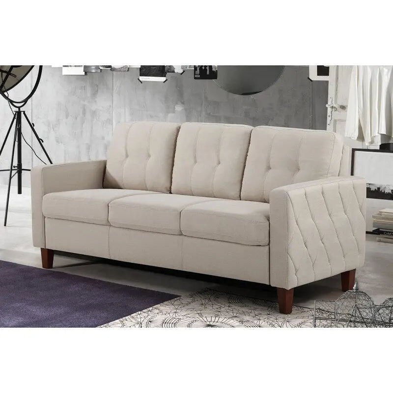 Canapé Rembourré Capitonnage Style Mid-Century, Dossier Capitonnage, Pieds en Bois Massif, Salon