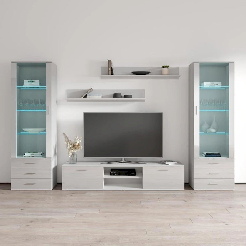 Meuble TV mural moderne, Meuble multimédia 4 sections, Console TV avec étagères