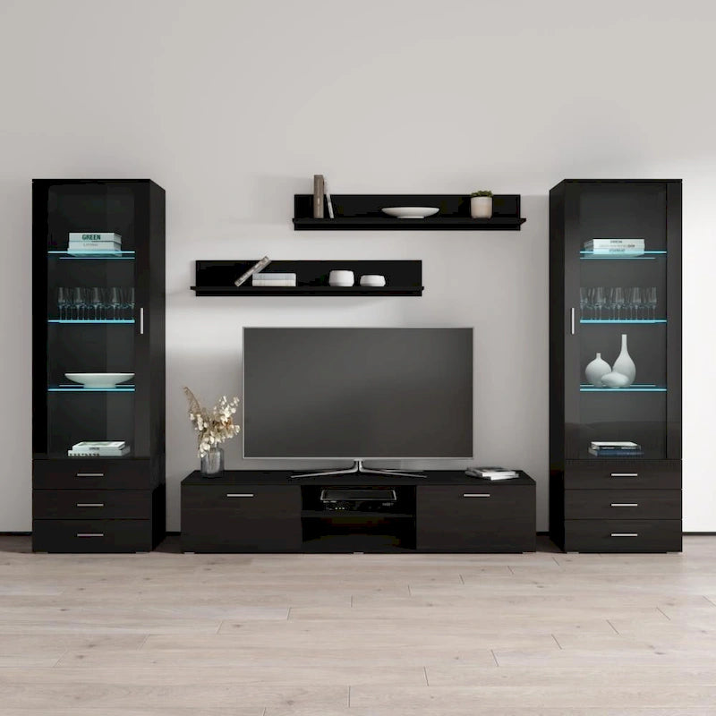 Meuble TV mural moderne, Meuble multimédia 4 sections, Console TV avec étagères
