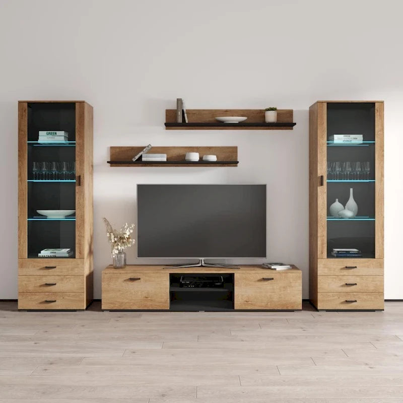 Meuble TV mural moderne, Meuble multimédia 4 sections, Console TV avec étagères