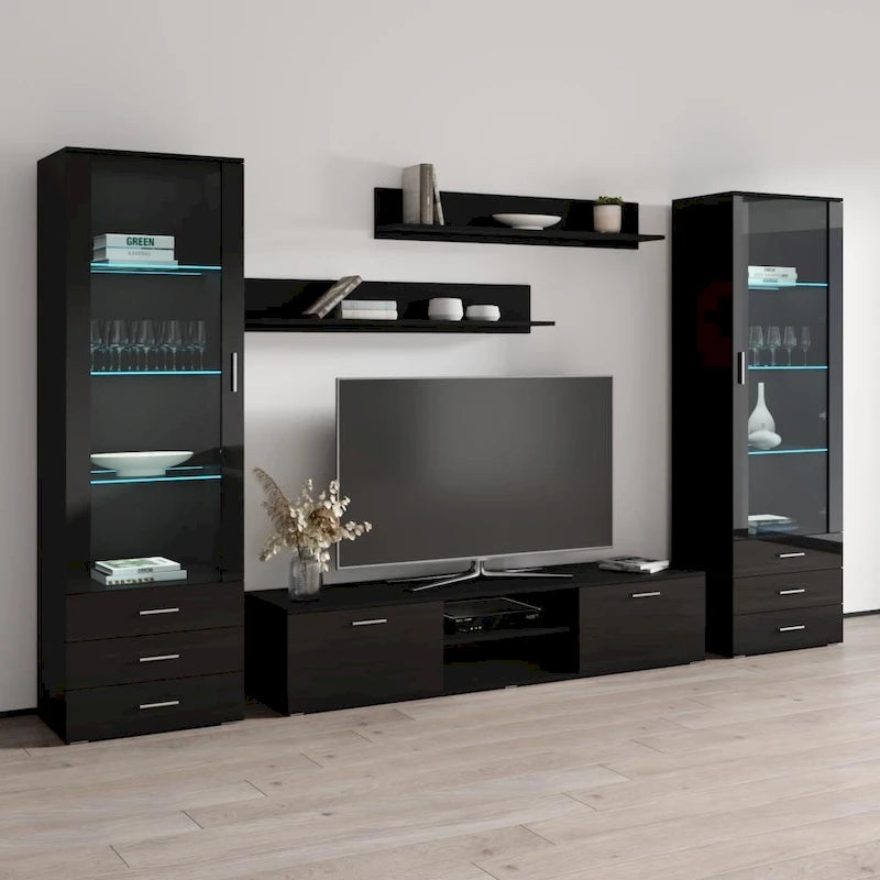 Meuble TV mural moderne, Meuble multimédia 4 sections, Console TV avec étagères