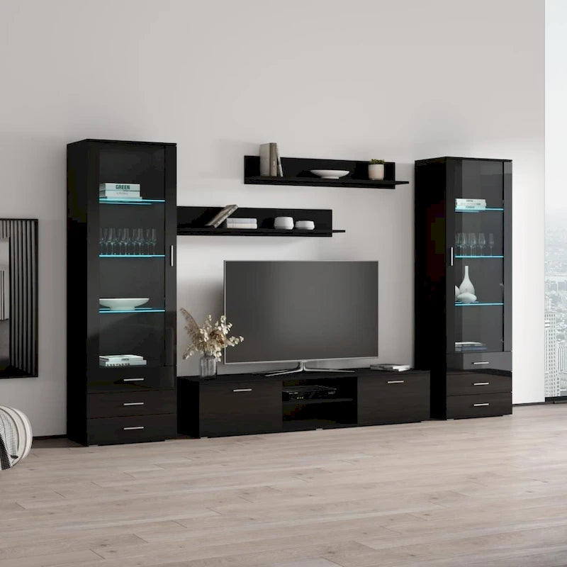 Meuble TV mural moderne, Meuble multimédia 4 sections, Console TV avec étagères