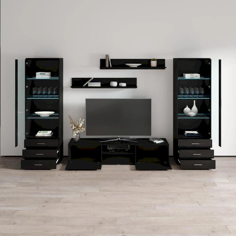 Meuble TV mural moderne, Meuble multimédia 4 sections, Console TV avec étagères
