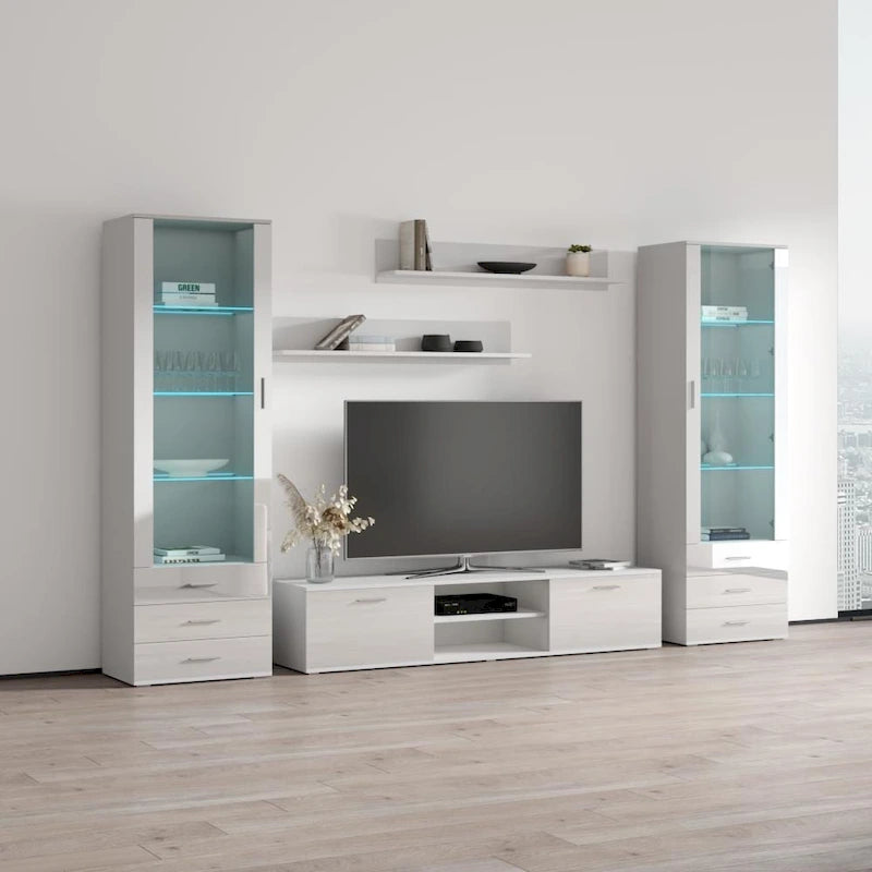 Meuble TV mural moderne, Meuble multimédia 4 sections, Console TV avec étagères