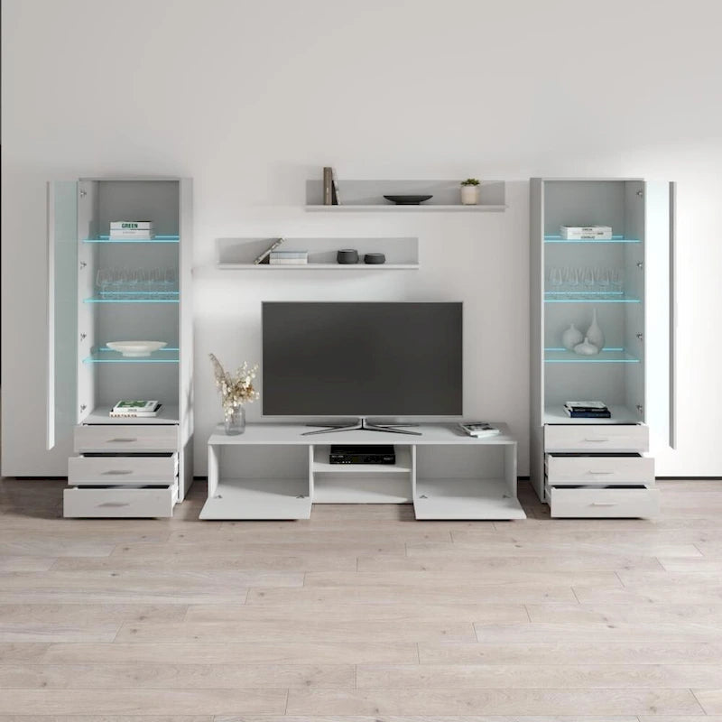 Meuble TV mural moderne, Meuble multimédia 4 sections, Console TV avec étagères