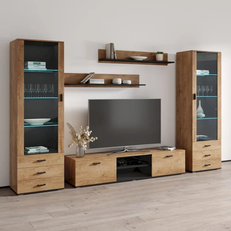 Meuble TV mural moderne, Meuble multimédia 4 sections, Console TV avec étagères