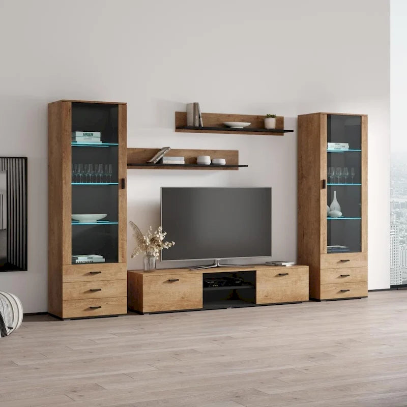 Meuble TV mural moderne, Meuble multimédia 4 sections, Console TV avec étagères