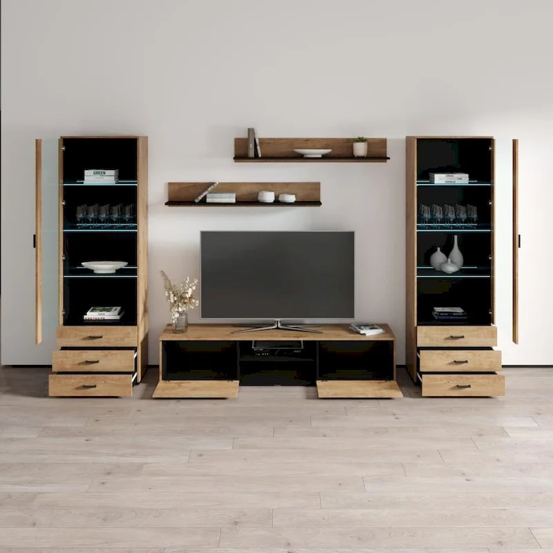 Meuble TV mural moderne, Meuble multimédia 4 sections, Console TV avec étagères