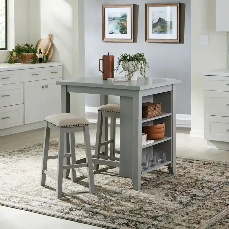 Ensemble de salle à manger 3 pièces hauteur comptoir, table bibliothèque avec 2 tabourets rembourrés, en acacia et hévéa