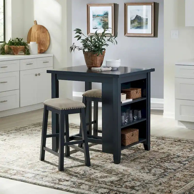 Ensemble de salle à manger 3 pièces hauteur comptoir, table bibliothèque avec 2 tabourets rembourrés, en acacia et hévéa
