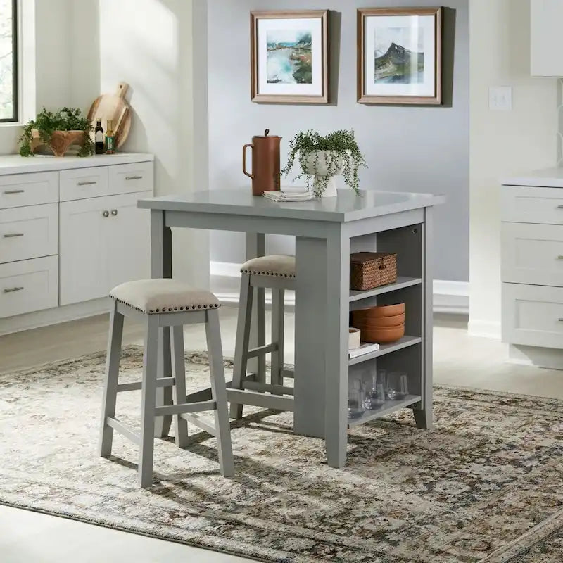 Ensemble de salle à manger 3 pièces hauteur comptoir, table bibliothèque avec 2 tabourets rembourrés, en acacia et hévéa