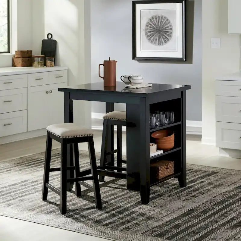 Ensemble de salle à manger 3 pièces hauteur comptoir, table bibliothèque avec 2 tabourets rembourrés, en acacia et hévéa