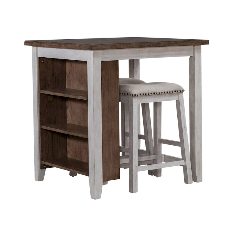 Ensemble de salle à manger 3 pièces hauteur comptoir, table bibliothèque avec 2 tabourets rembourrés, en acacia et hévéa