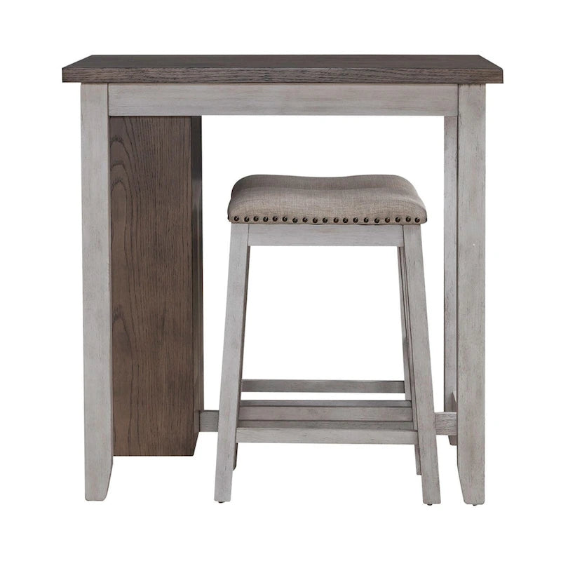 Ensemble de salle à manger 3 pièces hauteur comptoir, table bibliothèque avec 2 tabourets rembourrés, en acacia et hévéa