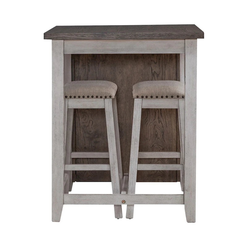 Ensemble de salle à manger 3 pièces hauteur comptoir, table bibliothèque avec 2 tabourets rembourrés, en acacia et hévéa