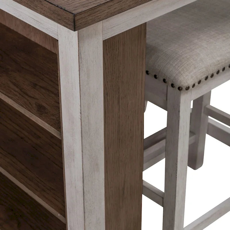 Ensemble de salle à manger 3 pièces hauteur comptoir, table bibliothèque avec 2 tabourets rembourrés, en acacia et hévéa